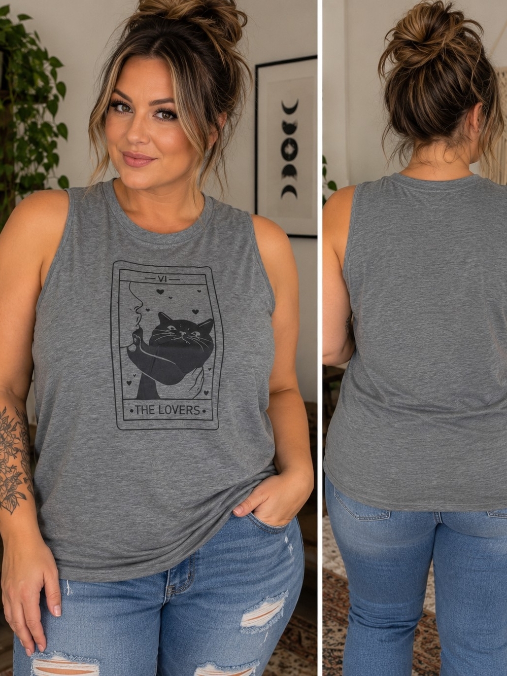 The Lovers Tarot Grey Sleeveless Graphic Tank Top Size 14/16 - 1X Soft Stretch